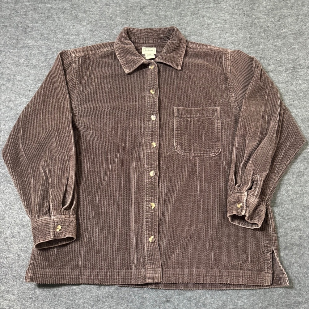 Vintage LL Bean Women Brown Corduroy Button Down Shirt M Petite 0WJ29 Cotton